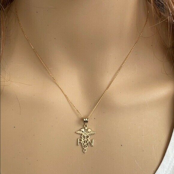 10K White Gold Caduceus Medical RN Registered Nurse Herald Staf Pendant Necklace