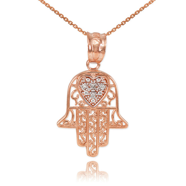 10k Solid Rose Gold Diamond Filigree Hamsa Pendant Necklace 16" 18" 20" 22"