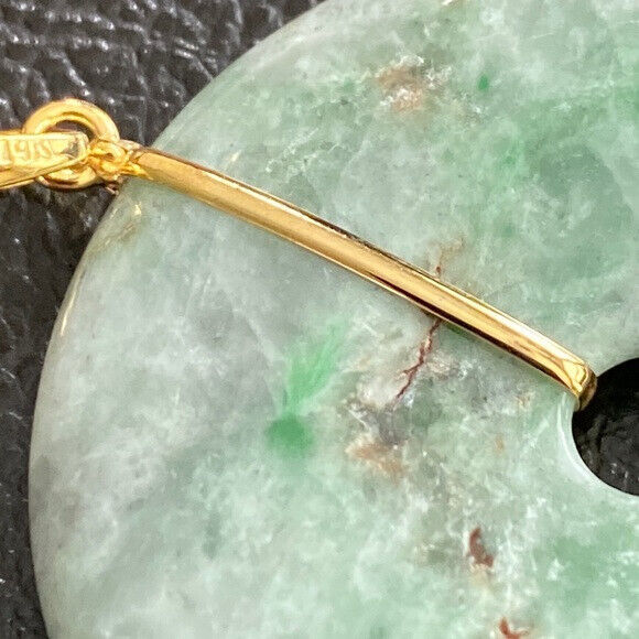 14K Solid Yellow Gold Round Large Donut Natural Jade Pendant Charm Green