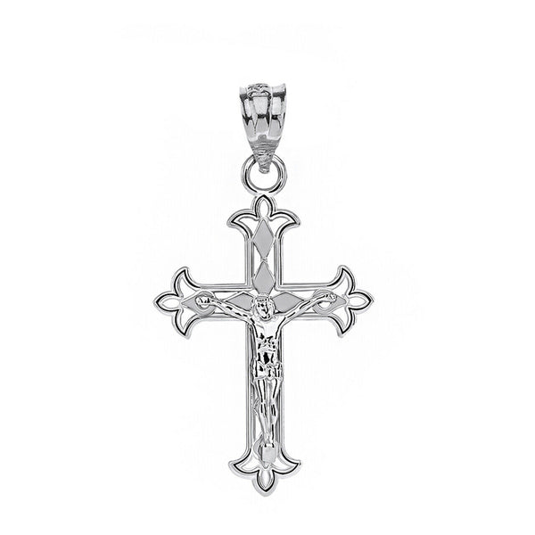 Sterling Silver Fleur De Lis Filigree Crucifix - Lily of France Pendant Necklace