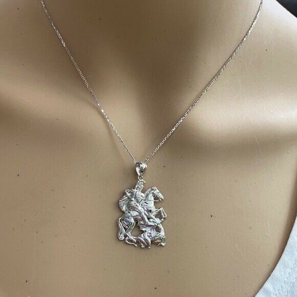 14K Solid Yellow Gold St. Saint George Pendant Necklace