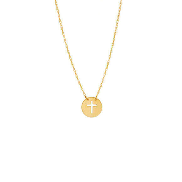 14K Solid Gold Mini Disk Cut Out Cross Religious Dainty Necklace - Minimalist