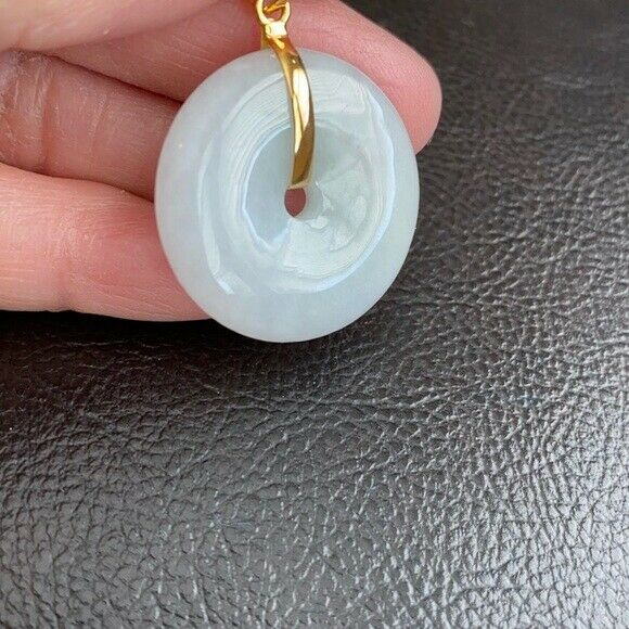 14K Solid Fine Real Yellow Gold Round Donut Natural Jadeite Icy Jade Pendant