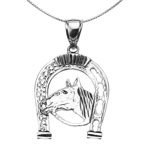 Sterling Silver Horseshoe with Horse Head Pendant Necklace 16", 18", 20", 22"