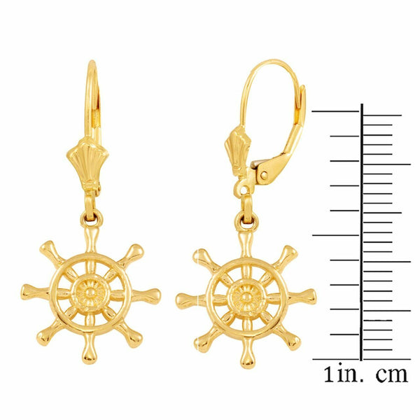 14k Solid Yellow Gold Nautical Ship Wheel  Earring Set