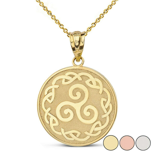 10k Solid Yellow Gold Triskele Triple Spiral Celtic Disc Pendant Necklace