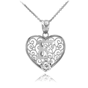 925 Sterling Silver Filigree Heart CZ Initial Letter F Pendant Necklace