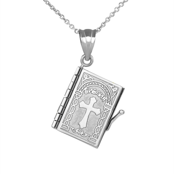 Sterling Silver 3D Russian Orthodox Synodal Bible Slavonic Pendant Necklace