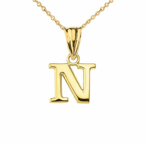 14k Solid Yellow Gold Small Mini Initial Letter N Pendant Necklace