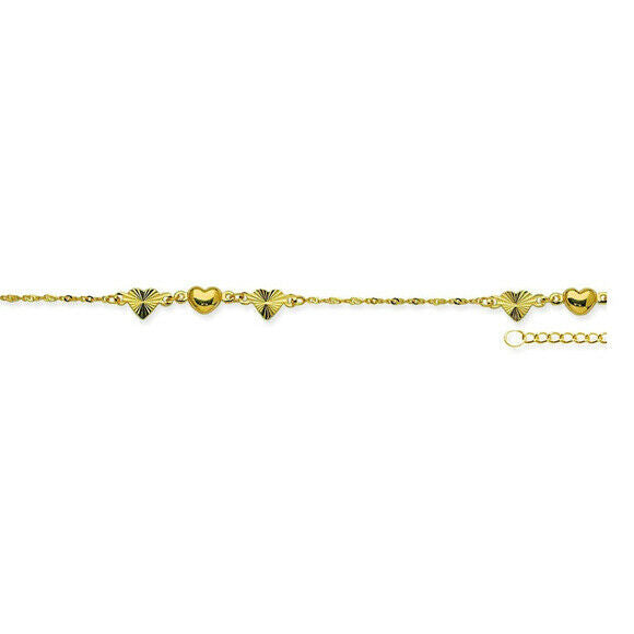 14K Solid Gold Puff Heart DC Station Anklet - Yellow 9"-10" adjustable