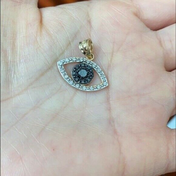 14k Real White Gold Evil Eye with 16 Clear and 8 Black Diamond Pendant Necklace