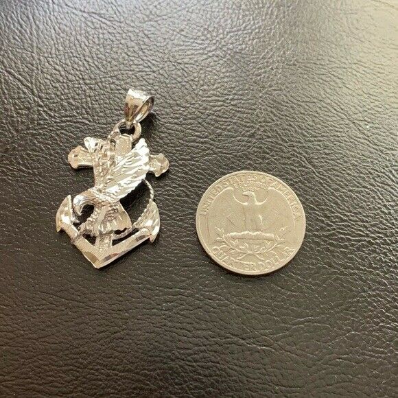 Sterling Silver 925 Anchor Eagle Diamond Cut Pendant 1.7" H