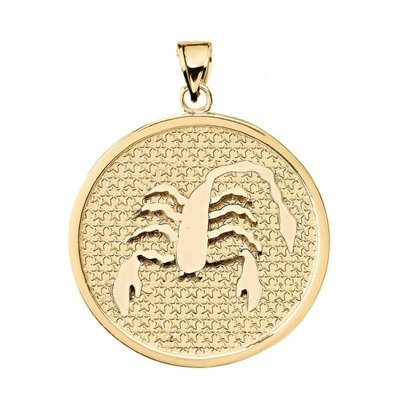10K Solid Gold Scorpio Zodiac Sign Disc Round Pendant Necklace 16" 18" 20" 22"