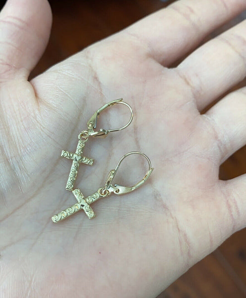 10k Yellow Gold Swirl Twirl Design Heart Cross Drop / Dangle Leverback Earrings
