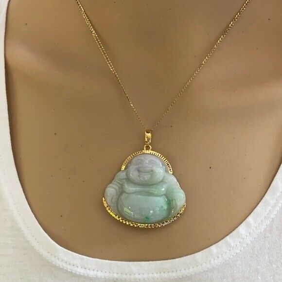 14K Real Gold Natural Jadeite Jade Happy Laughing Buddha Pendant Male Charm