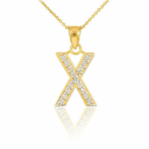14k Solid Yellow Gold Diamonds Monogram Initial Letter X Pendant Necklace