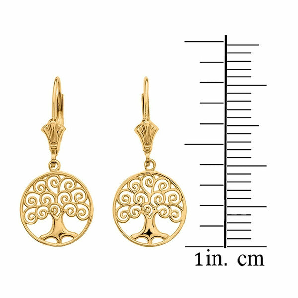 10K Solid Yellow Gold Tree of Life Openwork Drop / Dangle Leverback Earrings