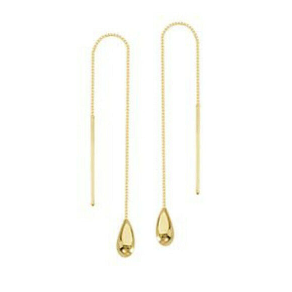 14K Solid Gold Tear Bar Thin Box Chain Drop Threader Earrings - Yellow, White