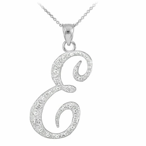 Personalized 925 Sterling Silver CZ Initial Script Letter E Pendant Necklace