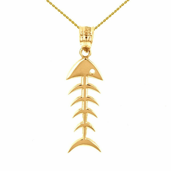 14k Solid Yellow Gold Fish Bone Skeleton Fishing Pendant Necklace