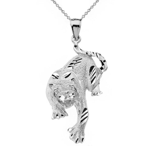 925 Sterling Silver Diamond Cut Tiger Cat Animal Charm Pendant Necklace