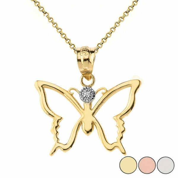 Solid Gold Diamond Butterfly Outline Openwork Resurrection Joy Pendant Necklace