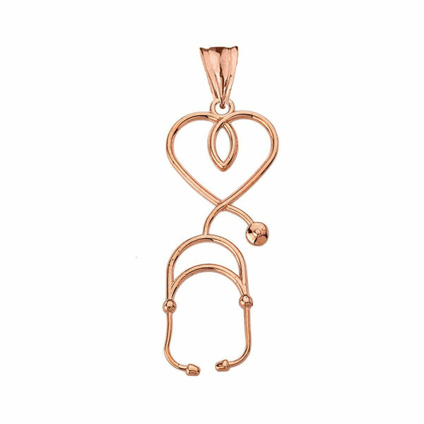 10k Solid Rose Gold Stethoscope Heart Pendant Necklace 16" 18" 20" 22"