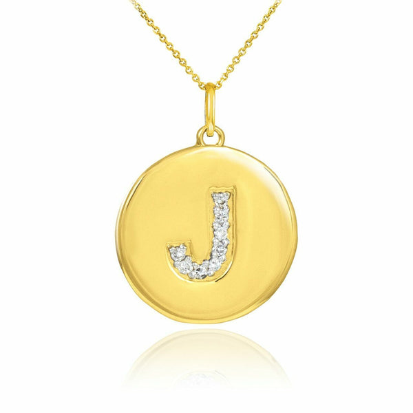 Solid 10k Yellow Gold Letter "J" Initial Diamond Disc Charm Pendant Necklace