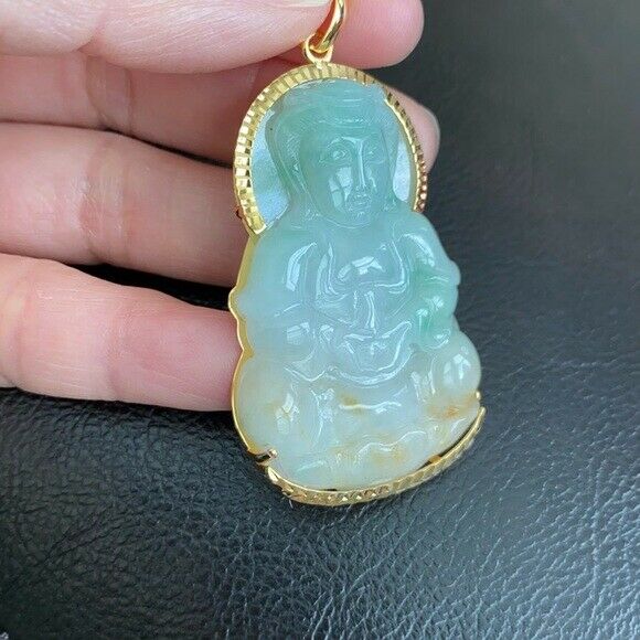 14K Solid Real Gold Natural Jadeite Jade A Kwan Yin Lady Buddha Pendant