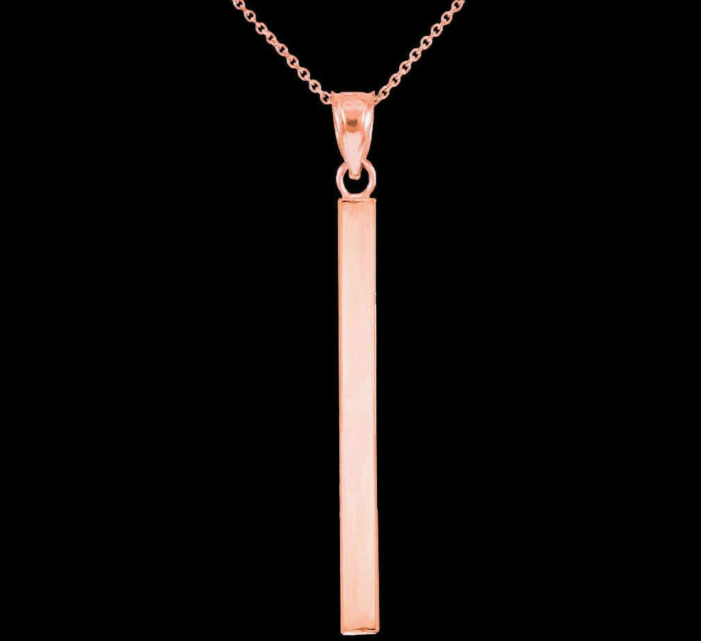 14K Solid Rose Gold Vertical Thin Straight Bar Geometric Necklace