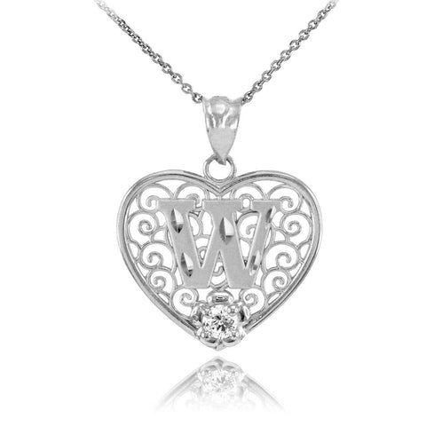 925 Sterling Silver Filigree Heart CZ Initial Letter W Pendant Necklace