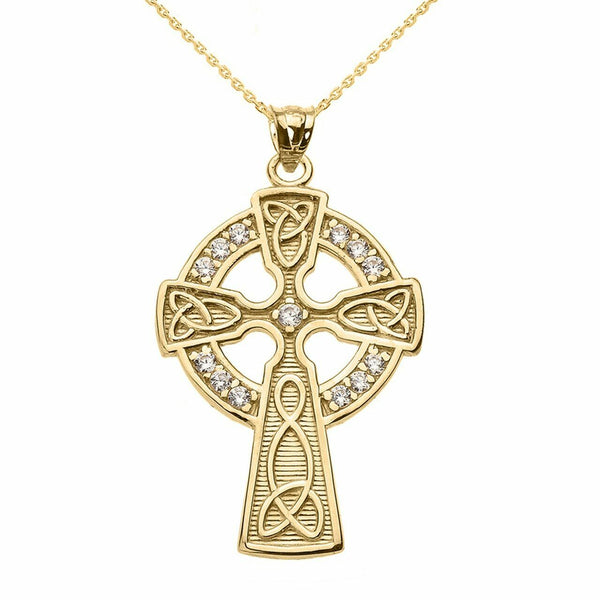 Solid 10k Yellow Gold Diamond Trinity Knot Celtic Cross Pendant Necklace