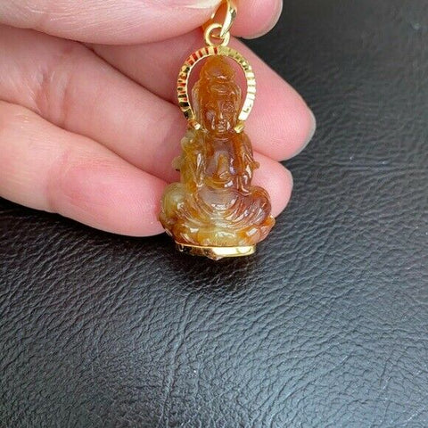 14K Solid Fine Real Yellow Gold Kwan yin Quan Buddha Red Jade Pendant Female