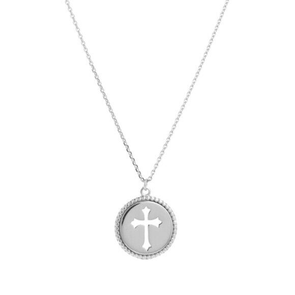 14K Solid White Gold Small Disk/Dics Cut Out Cross Medallion Necklace
