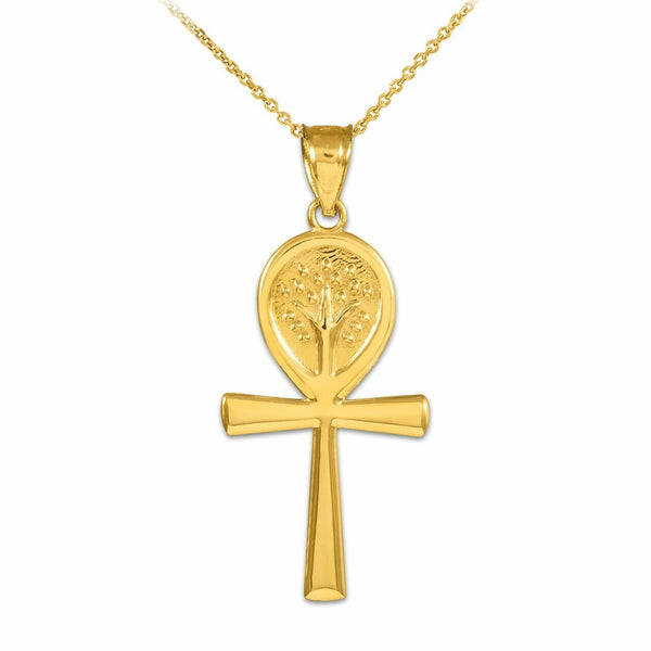 10K Solid Yellow Gold Ankh Cross Tree of Life Pendant Necklace