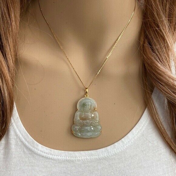 14K Solid Gold Female Tara Buddhist Buddha Natural Jade Pendant Bodhisattva