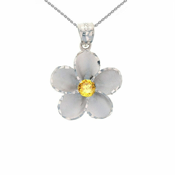 925 Sterling Silver Hawaiian Plumeria Yellow CZ Pendant Necklace