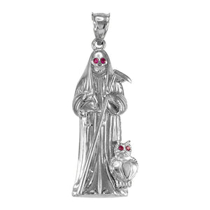 925 Sterling Silver Santa Muerte-Holy Death-Grim Reaper With Owl Red CZ Pendant