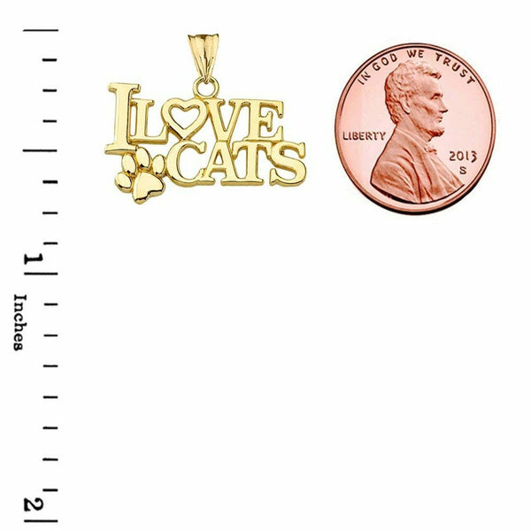 14k Solid Yellow Gold "I Love Cats" Paw Pendant Necklace