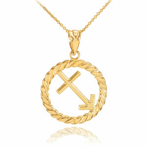 14K Solid Real Gold Sagittarius Zodiac Sign in Circle Rope Pendant Necklace