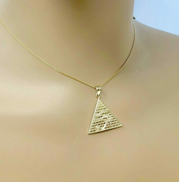 10k Solid Yellow Gold Egyptian Pyramid Eye of Horus Pendant Necklace (13 Steps)