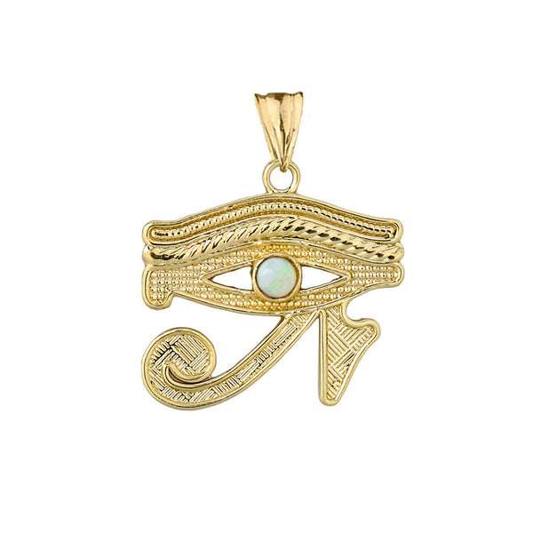 Solid Yellow Gold  10K Eye Of Horus (Ra) With Opal Center Stone Pendant Necklace