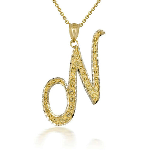 10k Solid Yellow Gold Cursive Initial Letter N Pendant Necklace