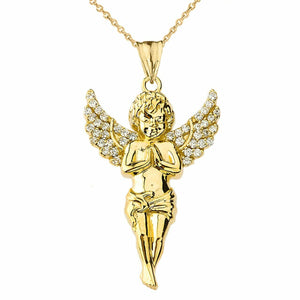 10k Solid Yellow Gold Angel CZ Religious Pendant Necklace