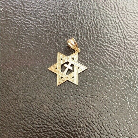 Solid 10k White Gold Jewish Star of David and Cross Pendant Charm Necklace