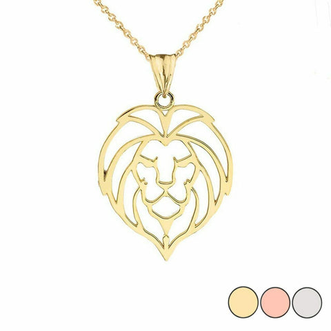 10K Solid Yellow Gold Lion Head Cut Out Pendant Necklace