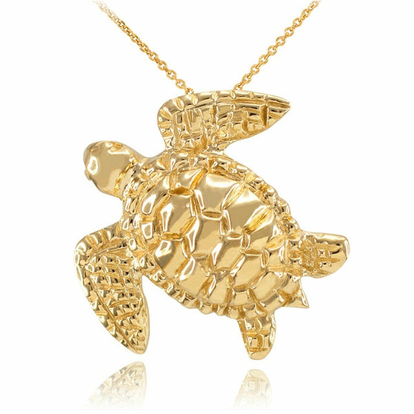 10k Yellow Gold Turtle Lucky Hawaiian Honu Sea Pendant Necklace