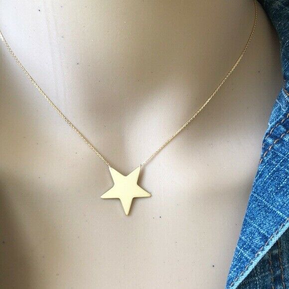 14K Solid Gold Star Necklace - Minimalist Yellow Adjustable 16"-18"