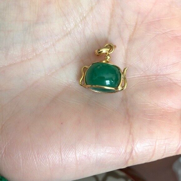 14K Solid Gold Green Teapot Pendant / Charm Dainty Adjustable Necklace 16"-18"