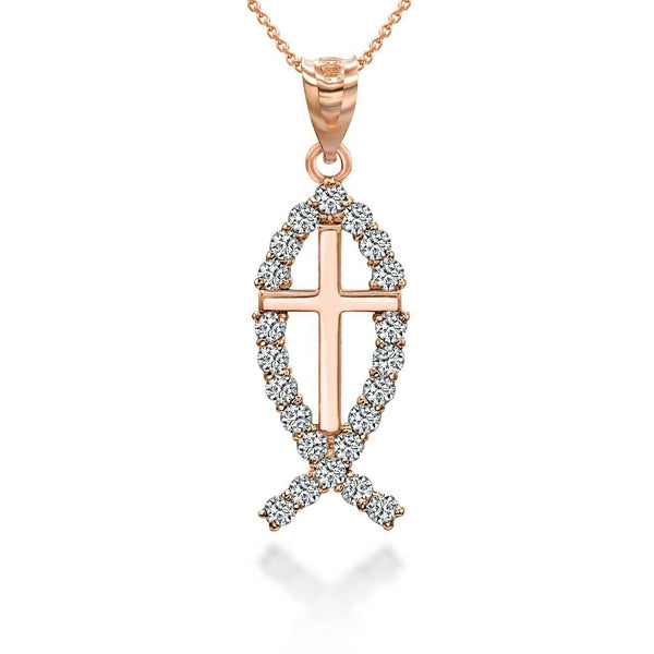 10K Solid Gold Christian Cross Jesus Christ Ichthus Fish Pendant Necklace